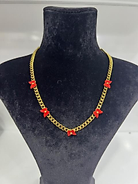 Kırmızı kelebek detay gold çelik kolye