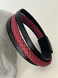 Kırmızı örgü detay siyah deri erkek bileklik