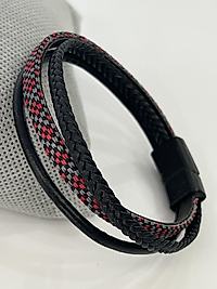 Kırmızı ve gri işleme detay siyah deri erkek bileklik