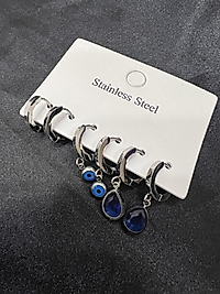 Altılı mavi taş detaylı gümüş renk küpeler