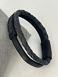 Lacivert örgü detay siyah deri erkek bileklik