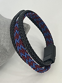 Bordo,mavi örgülü siyah deri erkek bileklik