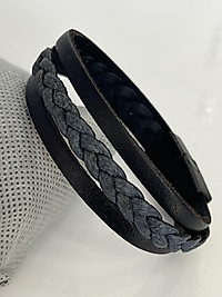 Gri örgü detay siyah deri erkek bileklik