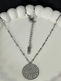 Göz detay yuvarlak uçlu gümüş renk çelik kolye