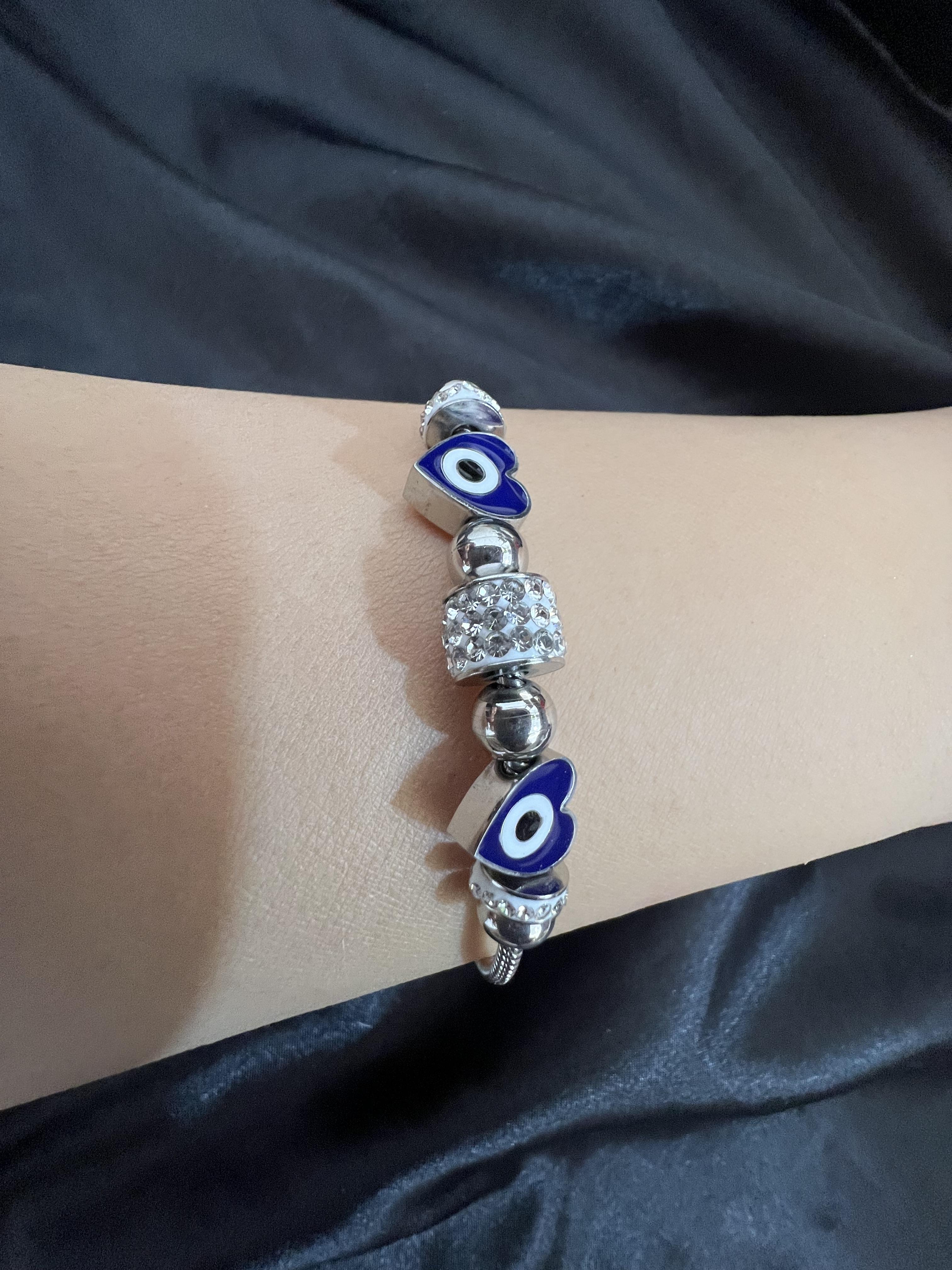 Nazarlı kalp model gümüş renk çelik bileklik