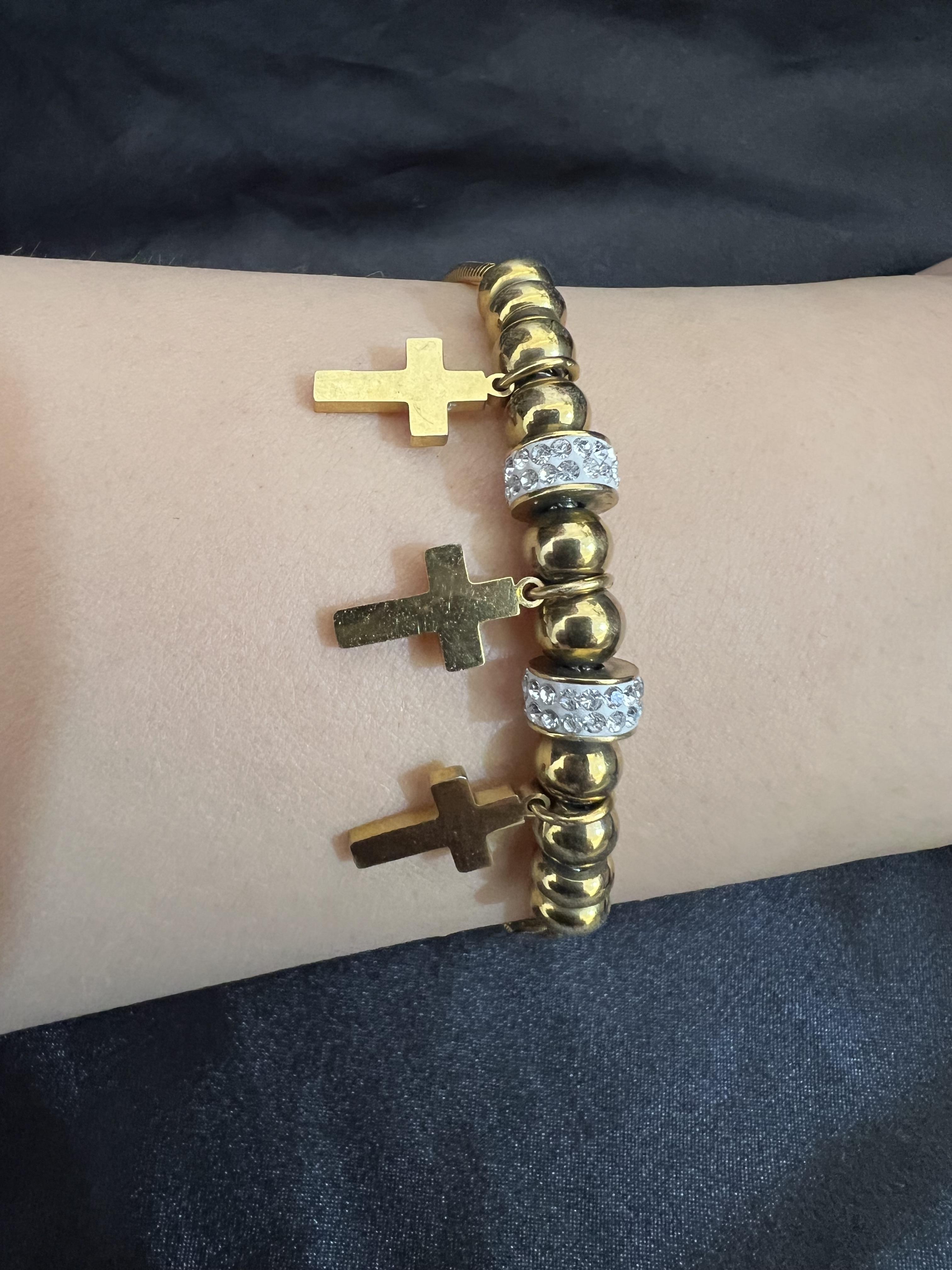Taşlı haç model gold çelik bileklik