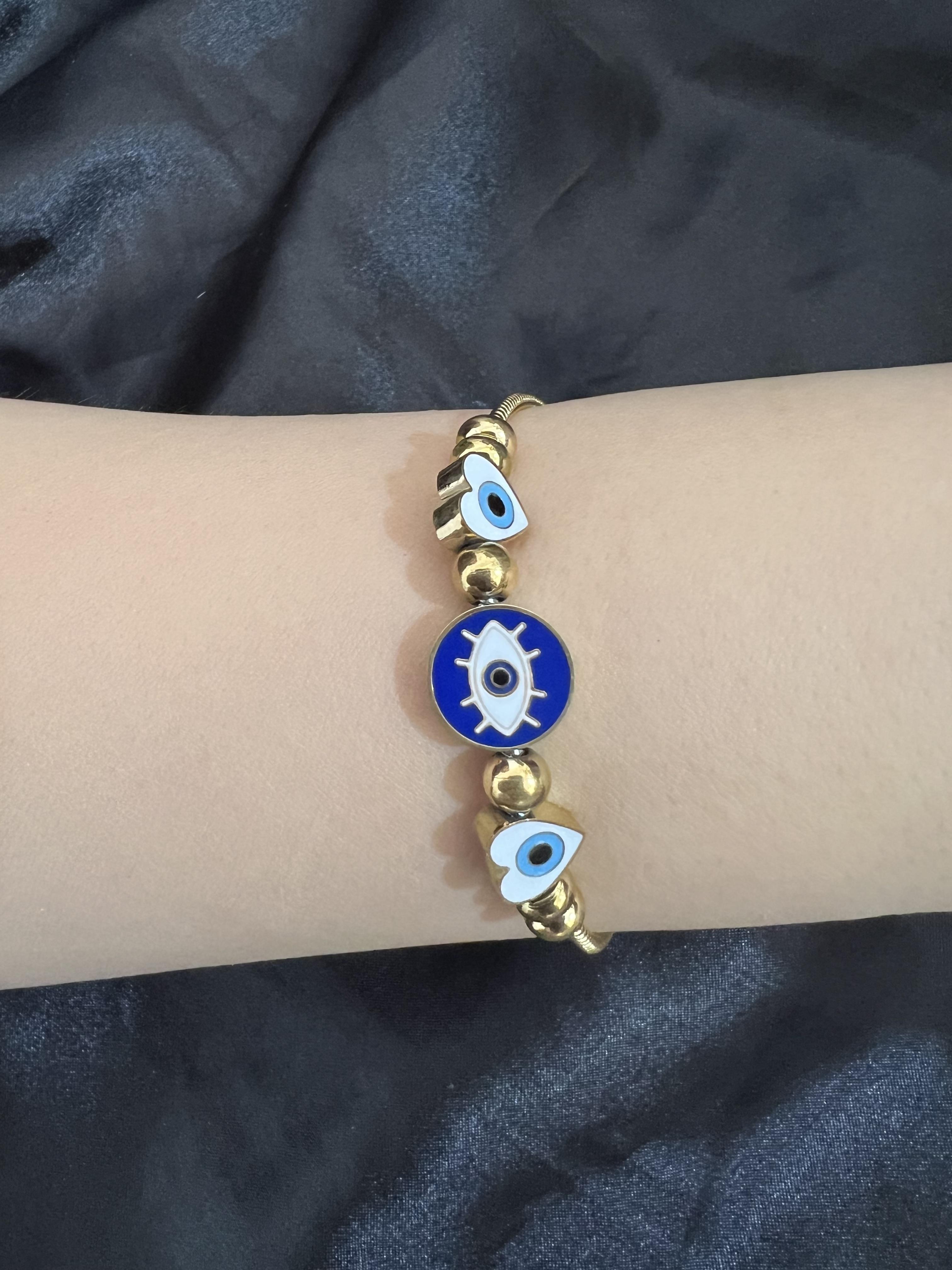 Göz detaylı nazarlı kalp model gold renk çelik bileklik