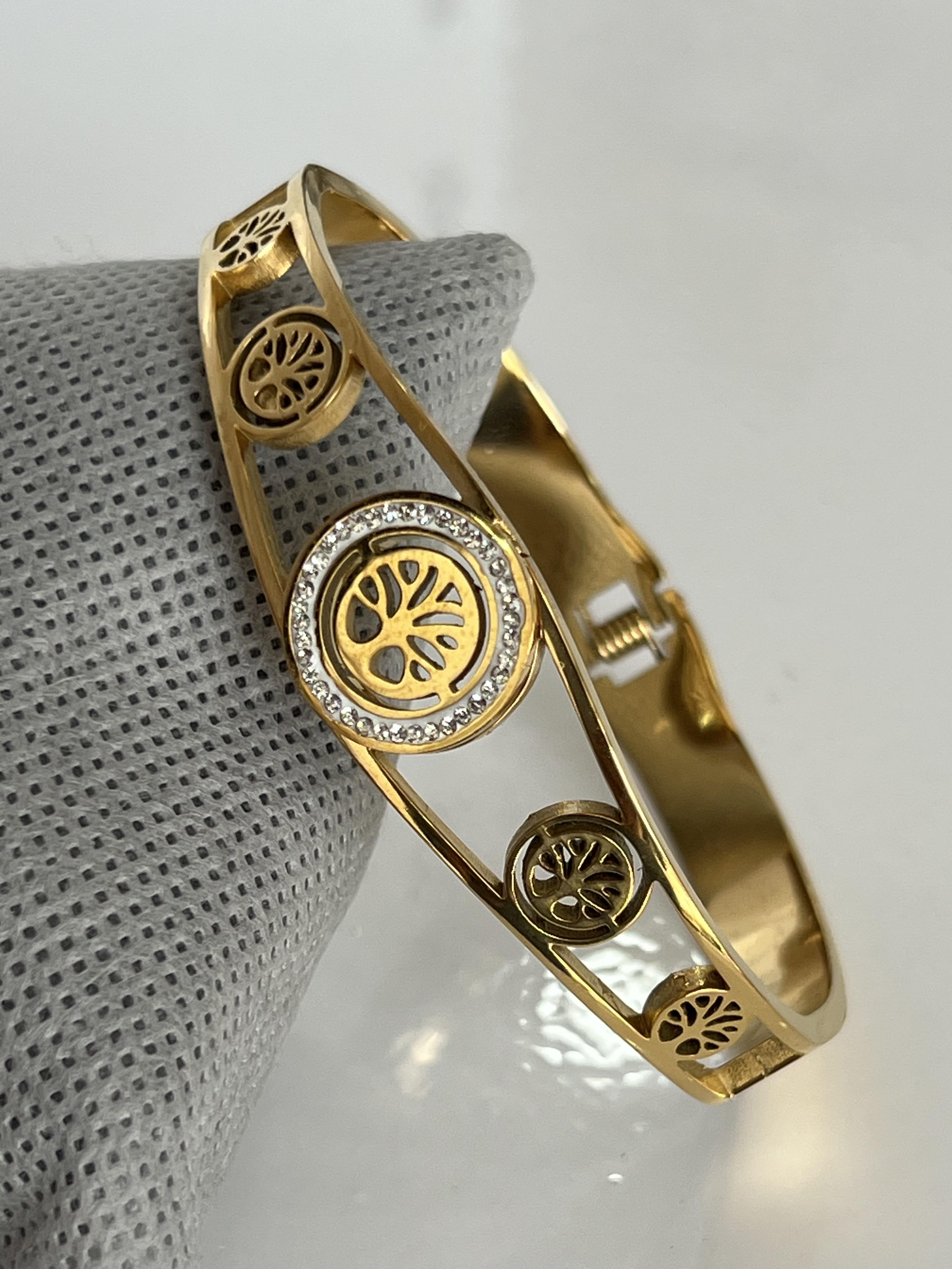 Hayat ağacı model gold taşlı çelik kelepçe