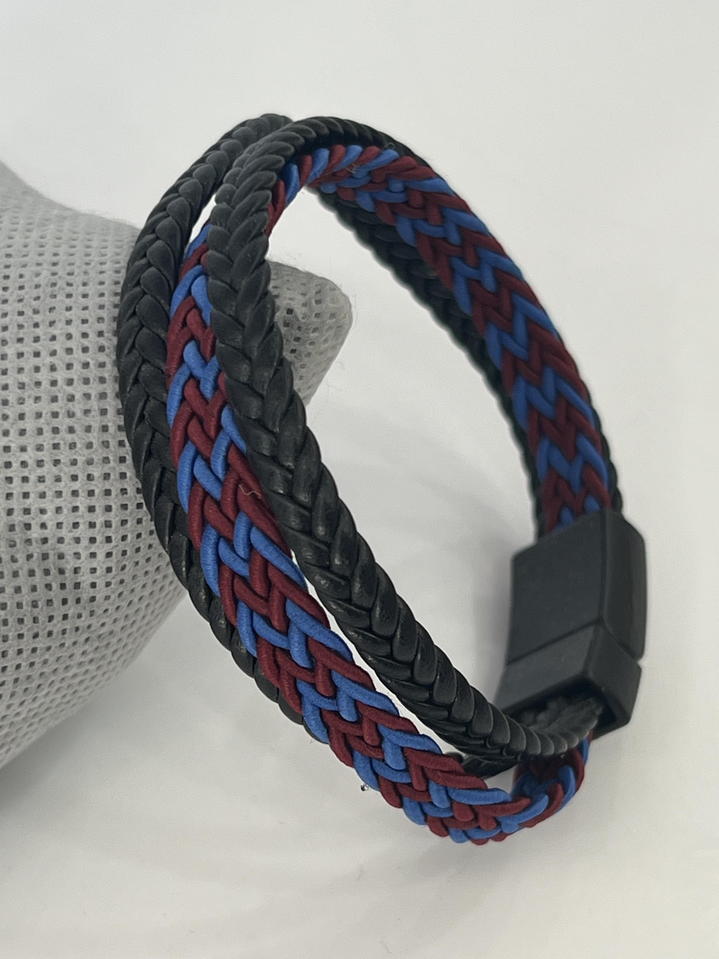 Bordo,mavi örgülü siyah deri erkek bileklik