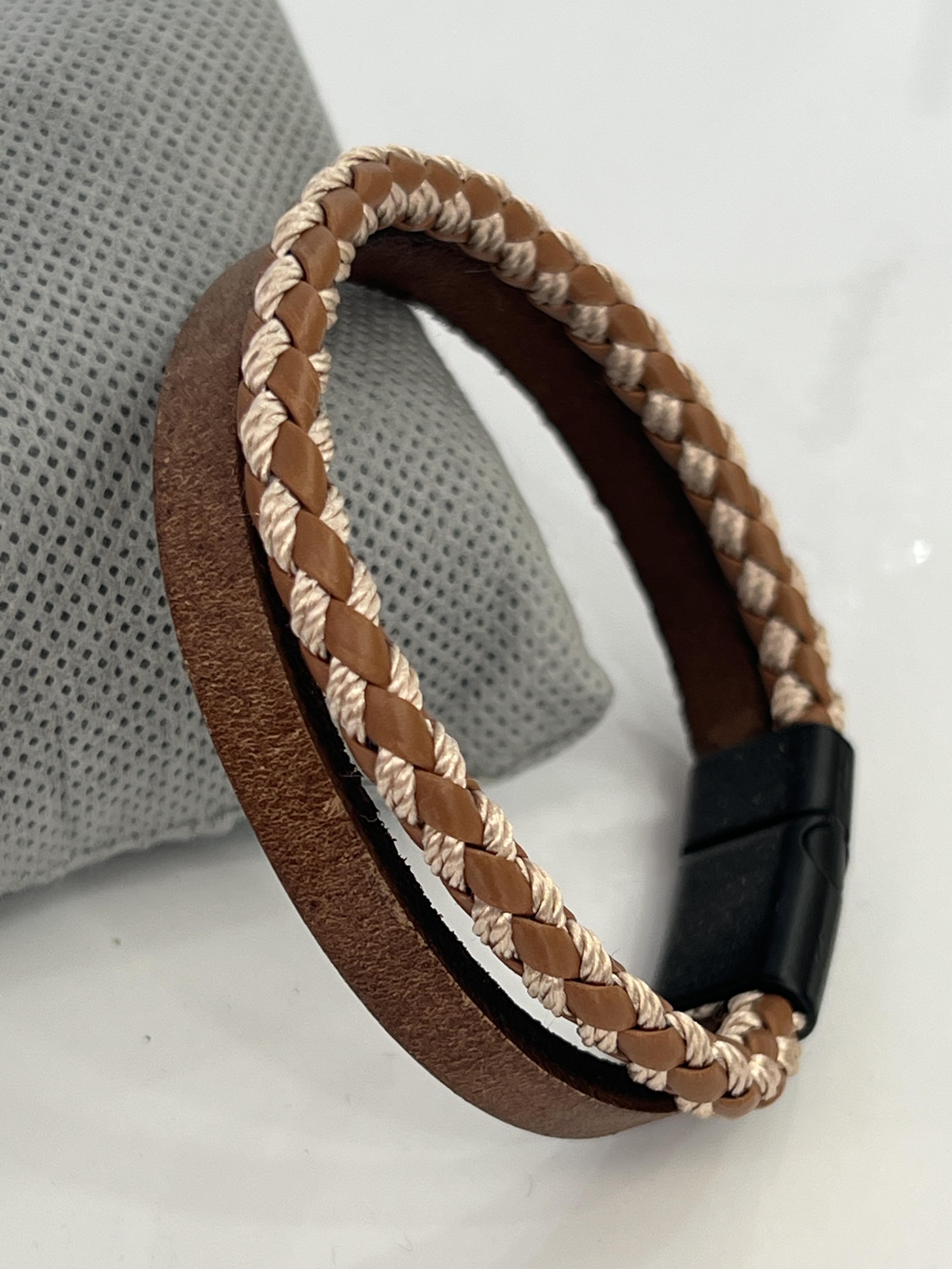 Örgü detay kahverengi deri erkek bileklik
