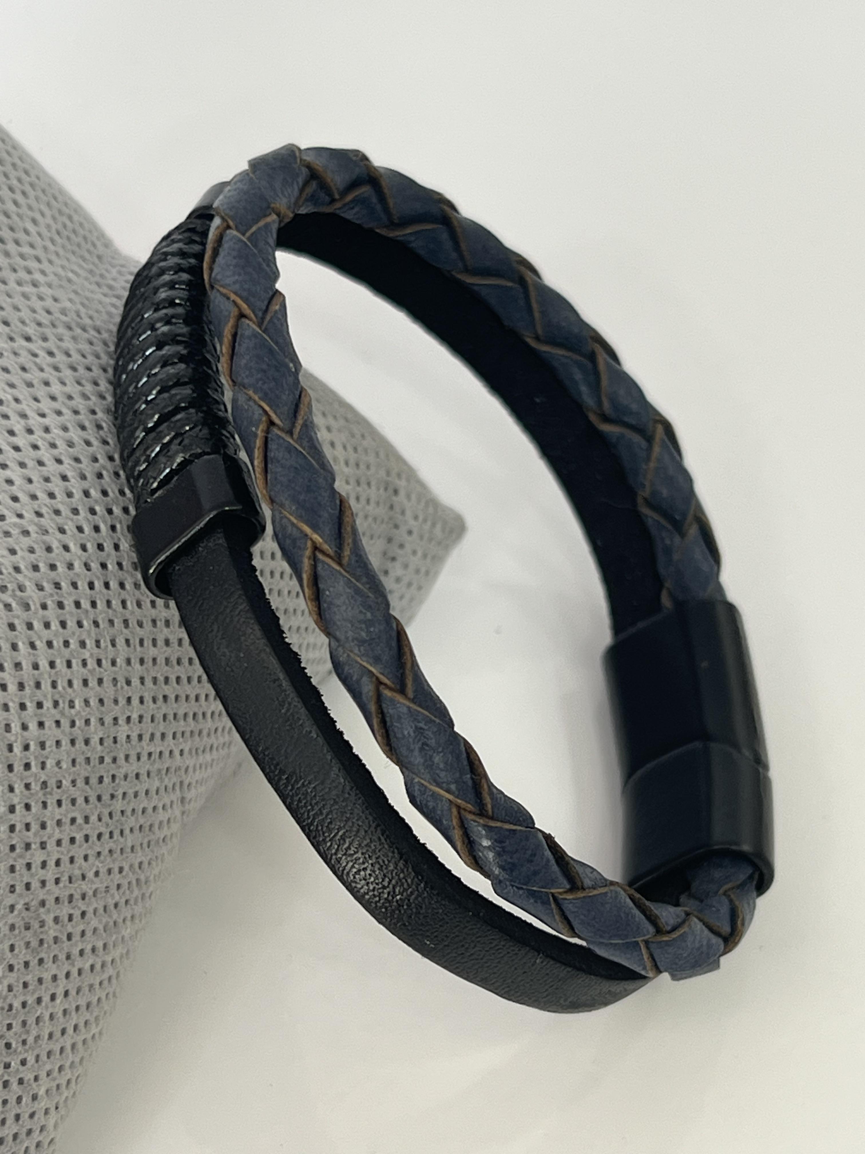 Lacivert örgü detay siyah deri erkek bileklik