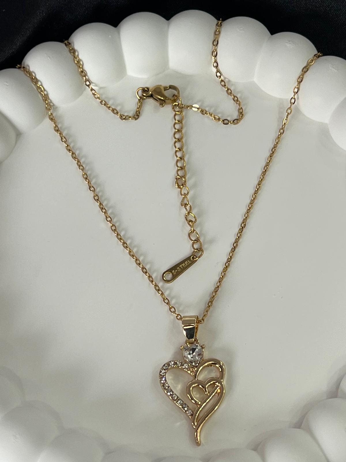 İkili kalp model taşlı gold çelik kolye