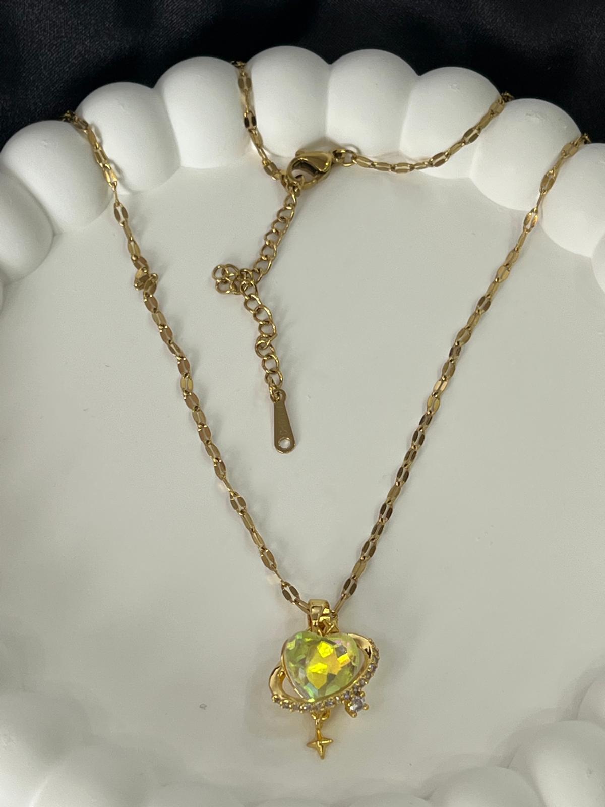 Sarı kalp taşı gold çelik kolye