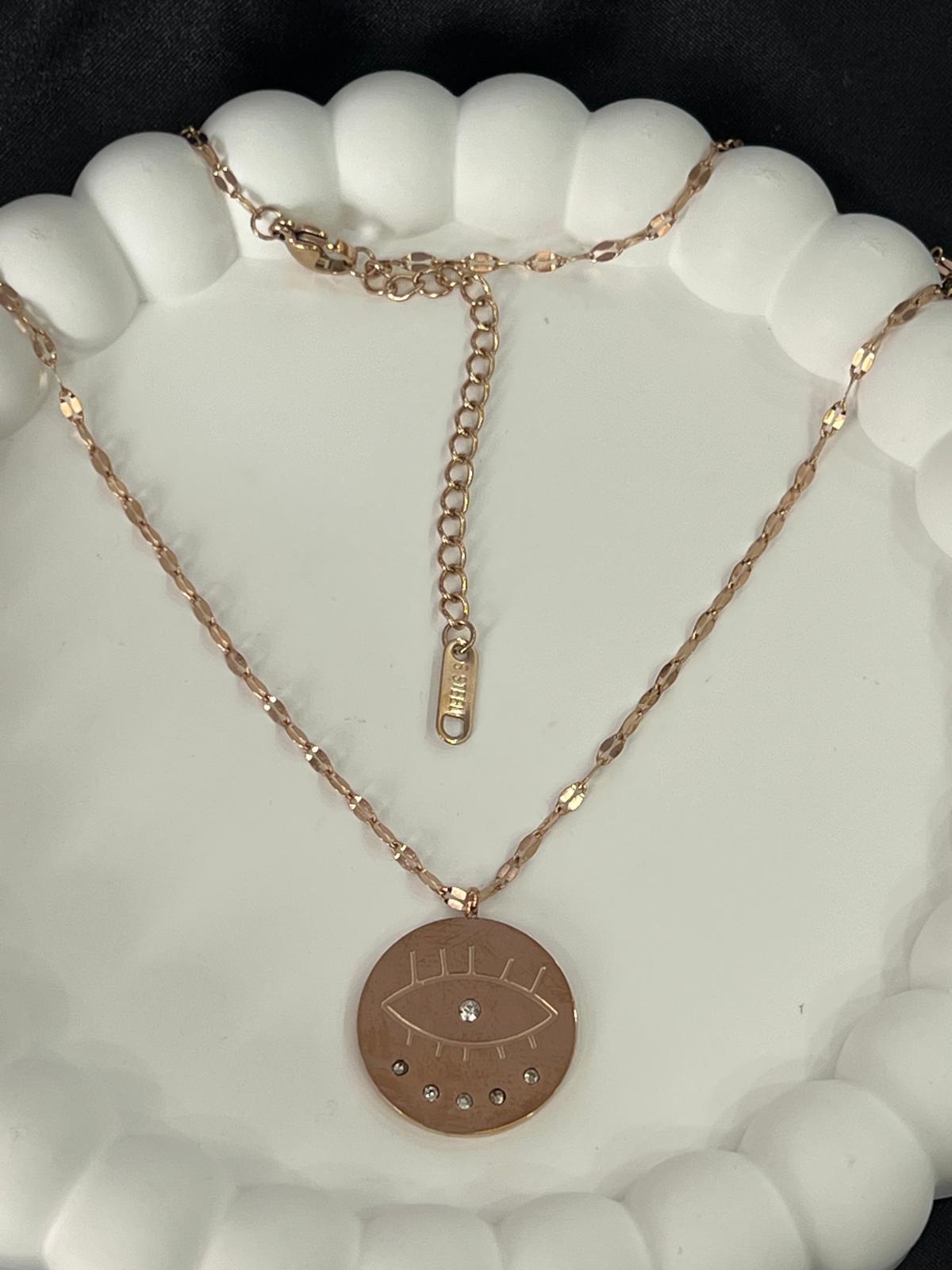 Göz detay yuvarlak uçlu rosegold çelik kolye
