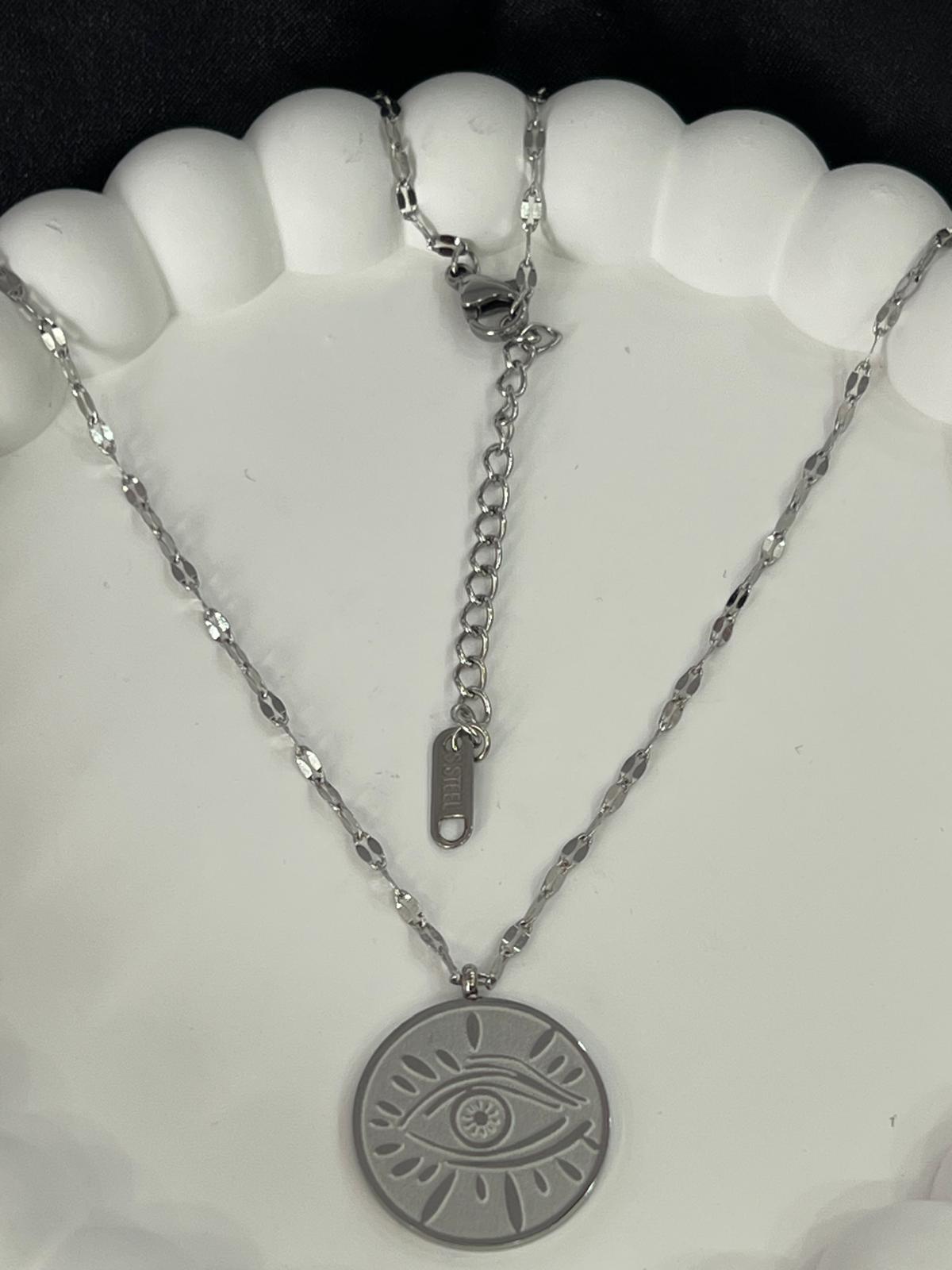 Göz detay yuvarlak uçlu gümüş renk çelik kolye