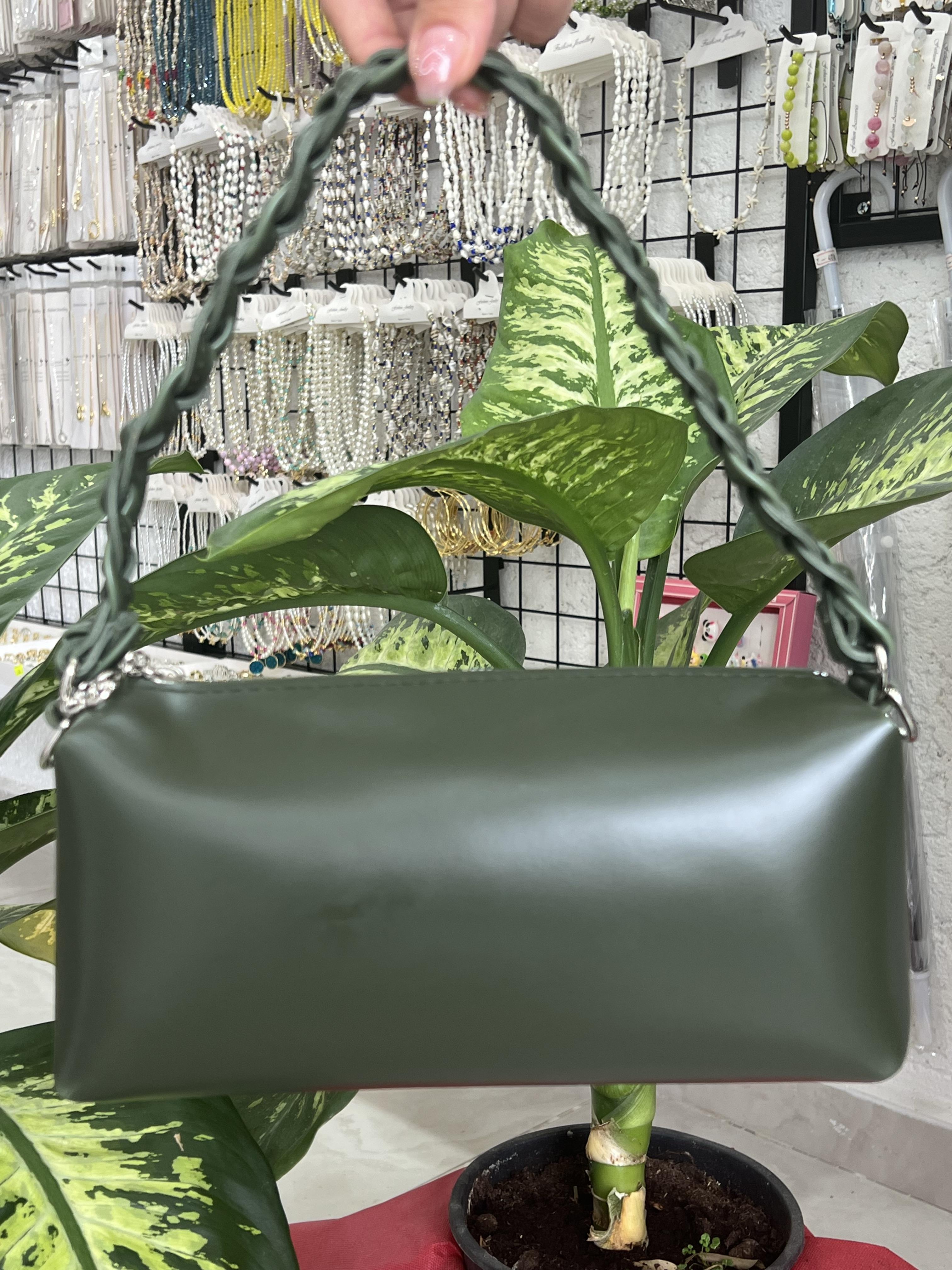 Askeri yeşil kolu örgü detay kadın kol çantası