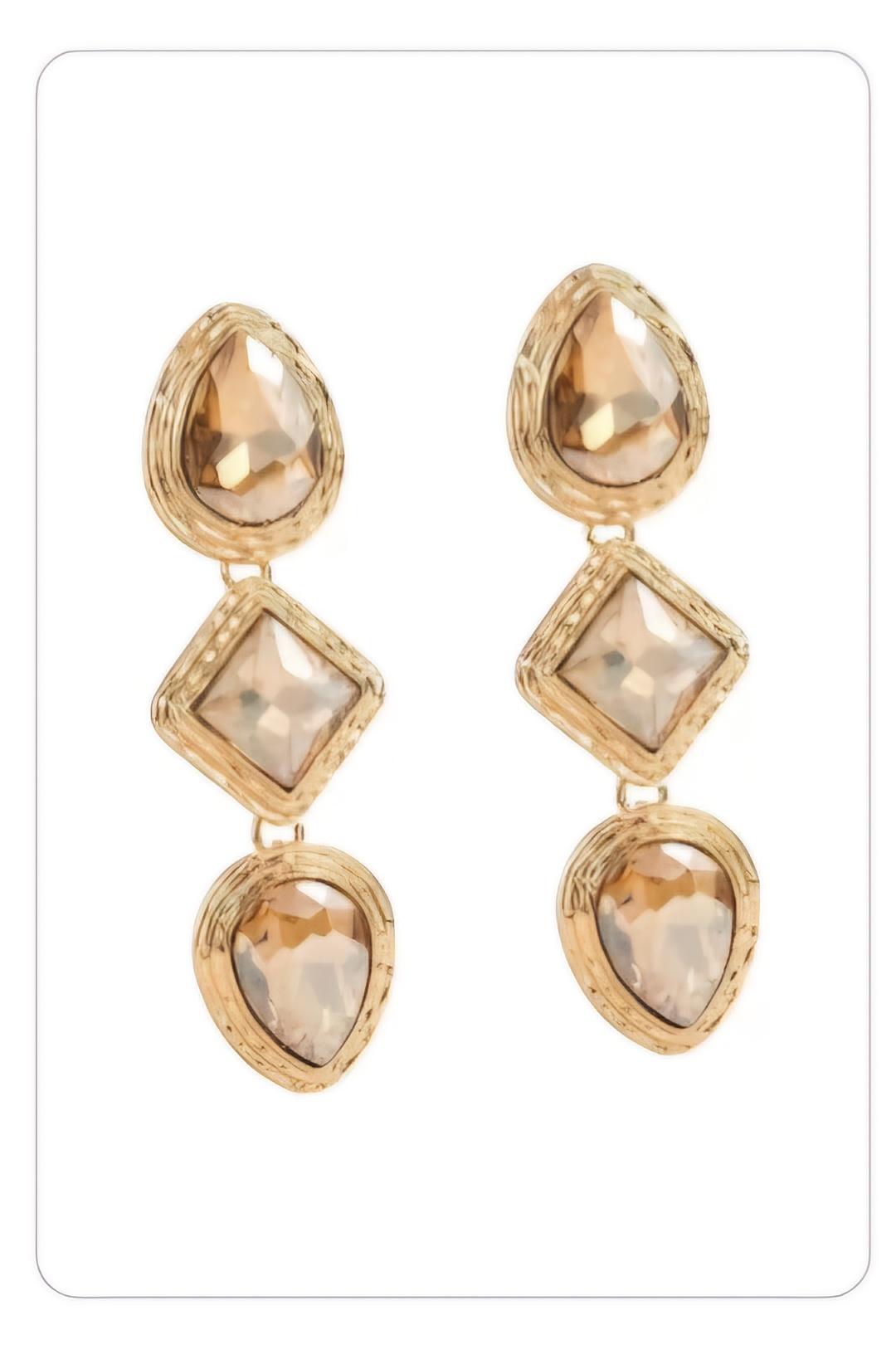 Gold üstü Kahverengi parlak taşlar ile süslenmiş vip özel tasarım abiye küpe