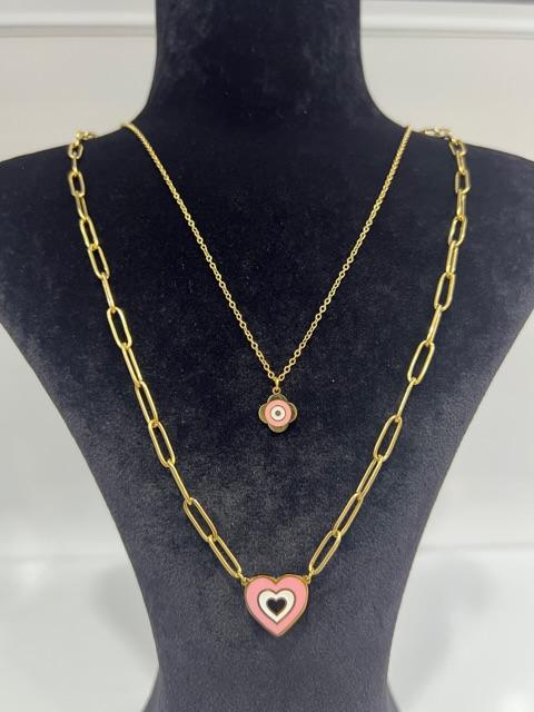 İkili kalp detay çelik kolye