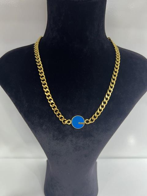Gold zincir mavi taş detay çelik kolye