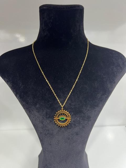 Göz model yeşil taş detay çelik kolye